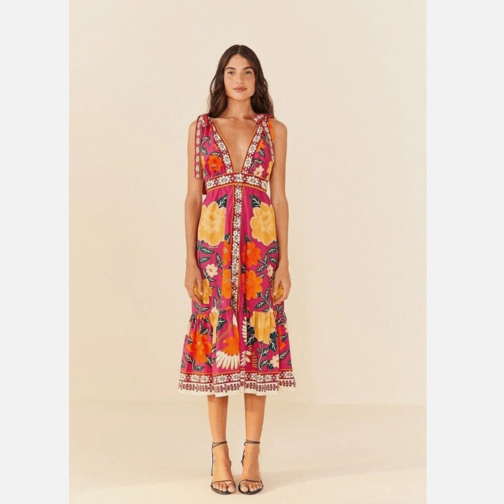 NWT $240 FARM Rio Flower Tapestry Midi Dress in FLOWERS TAPESTRY PINK!